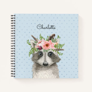 Cuaderno Cute Boho Raccoon con corona floral y plumas