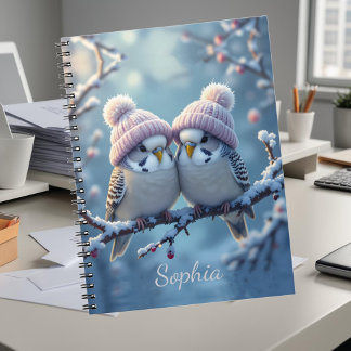 Cuaderno Cute budgies with bobble hats on a branch