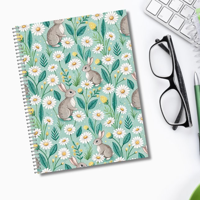 Cuaderno Cute Bunnies Sitting Among White Daisies (Subido por el creador)