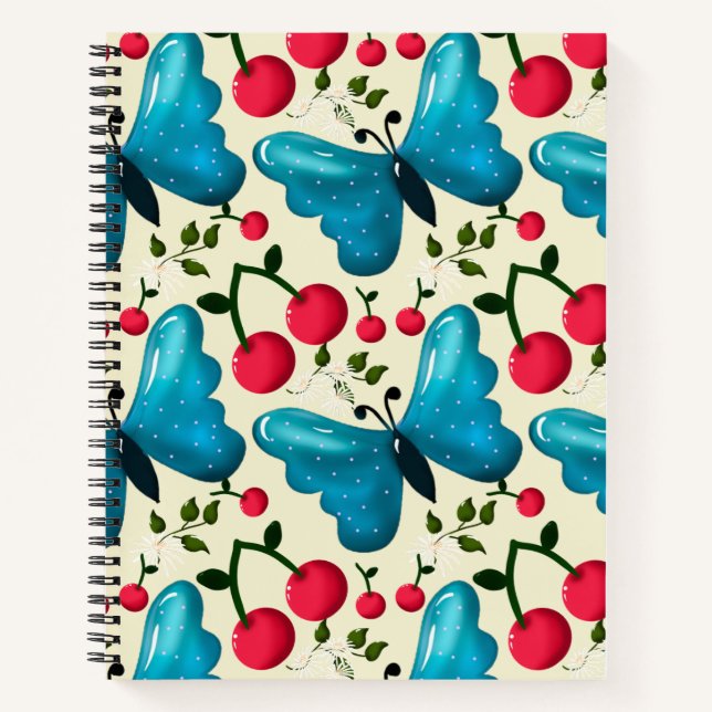Cuaderno Cute Cherry Butterfly Pattern, Glossy Kawaii Fruit (Anverso)