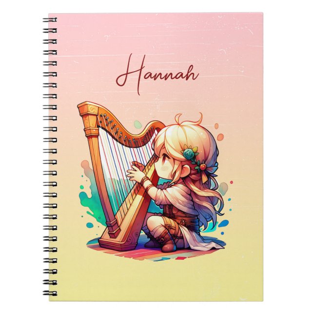 Cuaderno Cute Chibi Chica Jugando Harp Personalizado (Frente)