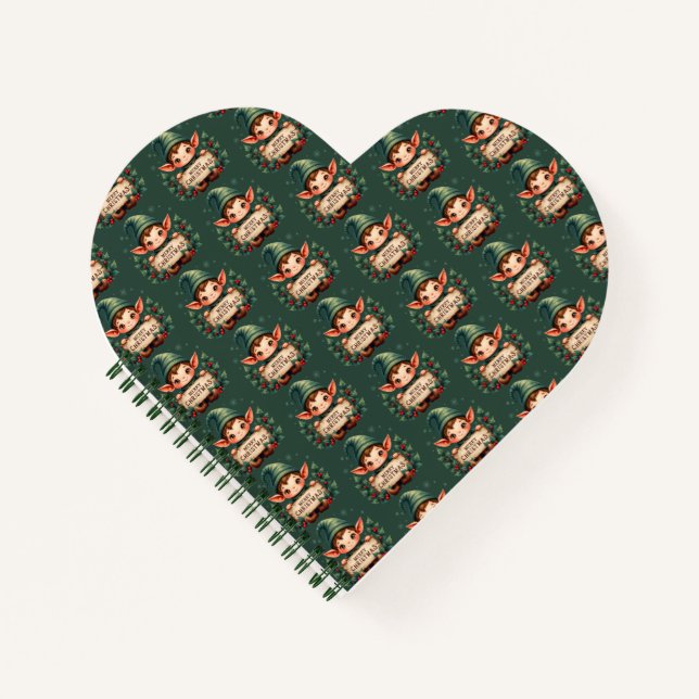 Cuaderno Cute Christmas Elf Holding Merry Sign Green (Anverso)
