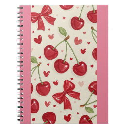 Cuaderno Cute Coquette Patrón de Cereza y Lazo Rojo