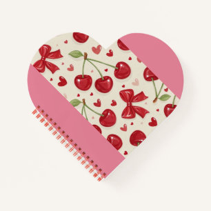 Cuaderno Cute Coquette Patrón de Cereza y Lazo Rojo