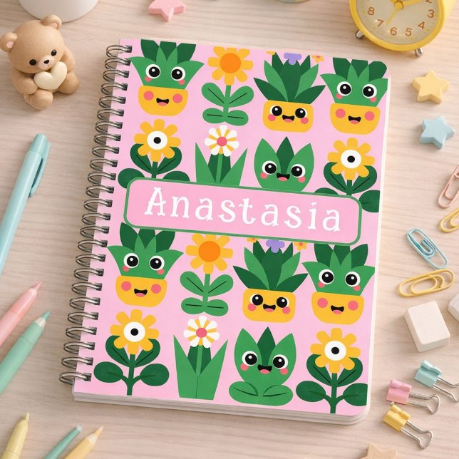 Cuaderno Cute Customizable Pot Plant Print (Cute, fun Kawaii inspired pot plant design.)