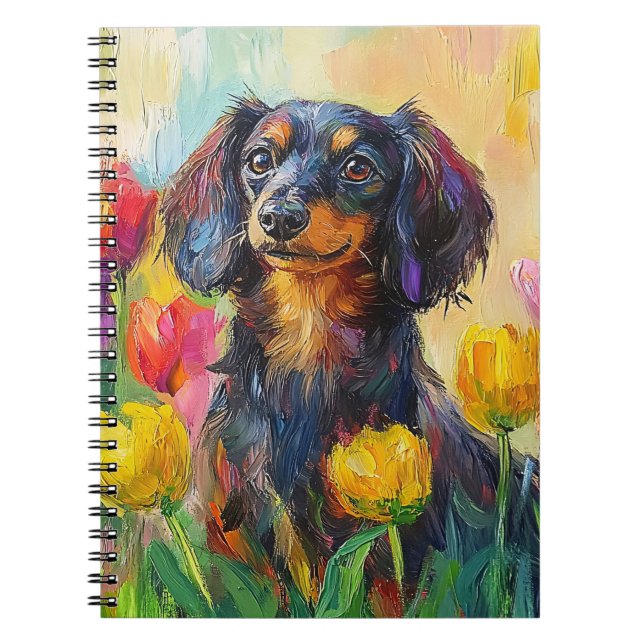 Cuaderno Cute Dachshund Colorful Tulips Pintura (Frente)