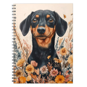 Cuaderno Cute Dachshund con pintura de flores silvestres