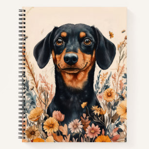 Cuaderno Cute Dachshund con pintura de flores silvestres