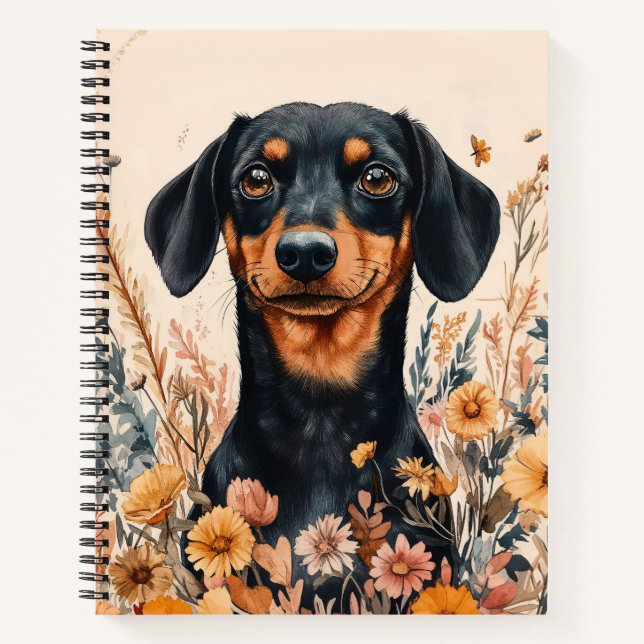 Cuaderno Cute Dachshund con pintura de flores silvestres (Anverso)
