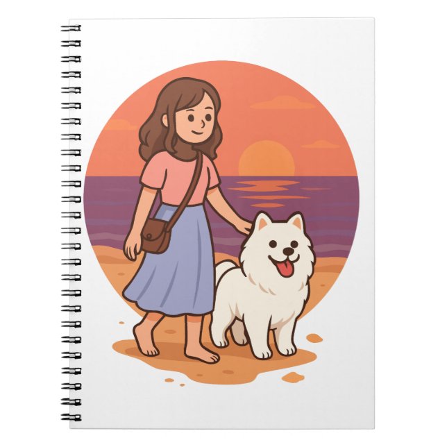 Cuaderno Cute Dog Mom Walking Fluffy Pup on Sunset Beach  (Frente)