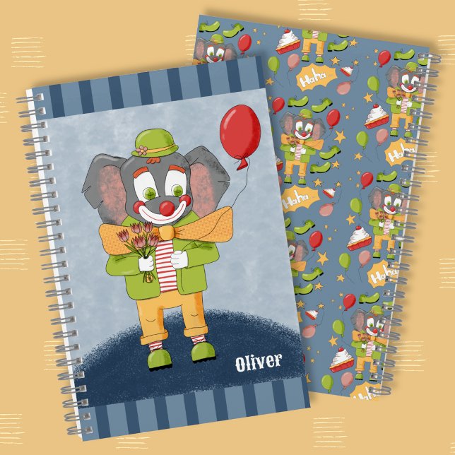 Cuaderno Cute Elephant Clown Kid Spiral Notebook with Name (Adorable elephant clown blue kid spiral notebook with name .)