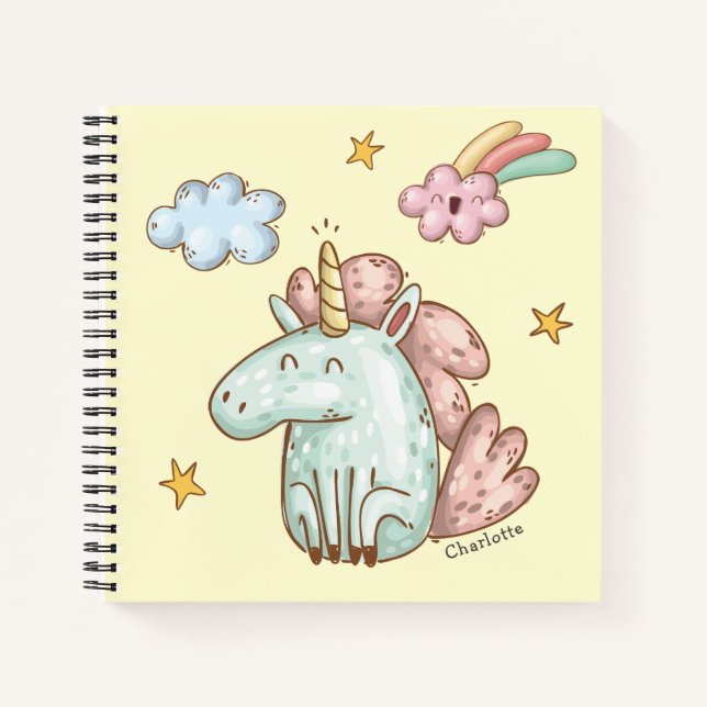 Cuaderno Cute feliz unicornio con nombre de niño (Anverso)