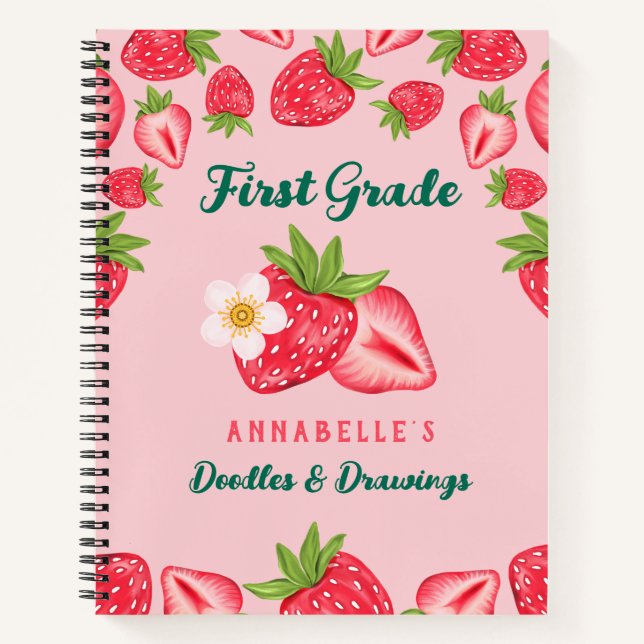 Cuaderno Cute Fresa Nombre Personalizado Rosa Niños Escuela (Anverso)