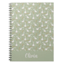 Cuaderno Cute Geese, Footprints and Custom Name on Green