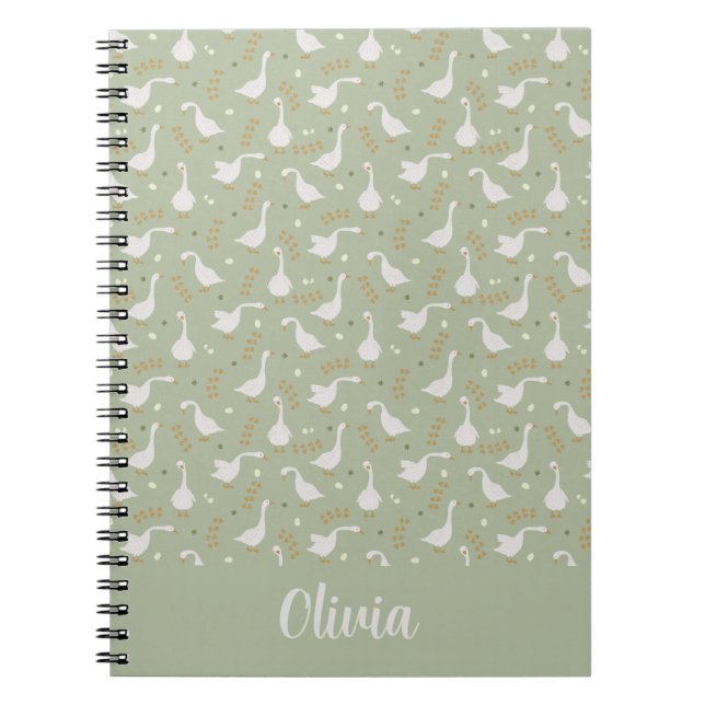 Cuaderno Cute Geese, Footprints and Custom Name on Green (Frente)