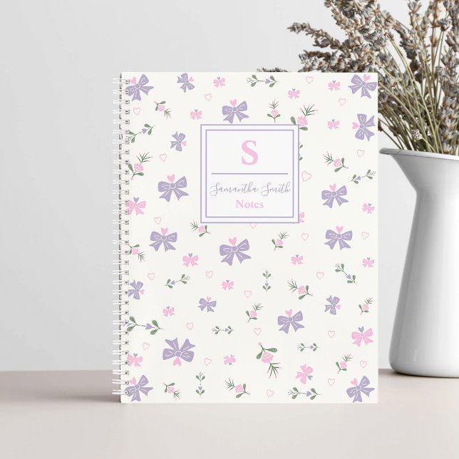 Cuaderno Cute Girly Coquette Flowers & Bows Monogram Name (Subido por el creador)