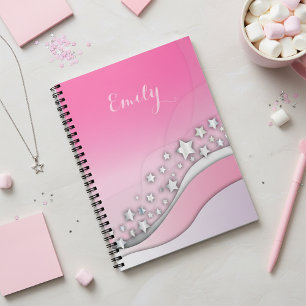 Cuaderno Cute Girly Dreamy Stars de plata en nombre rosa de
