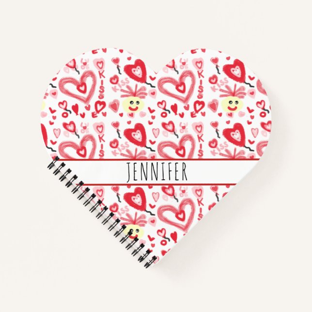 Cuaderno Cute Girly Heart Doodle Red Pink Personalizado (Anverso)