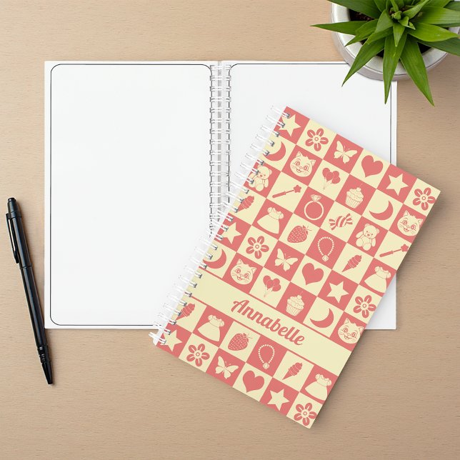 Cuaderno Cute Girly Modern Pink Checkered Icons Pattern (Subido por el creador)