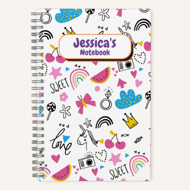 Cuaderno Cute Girly Unicorn Stars Rainbow Fun Nombre (Anverso)
