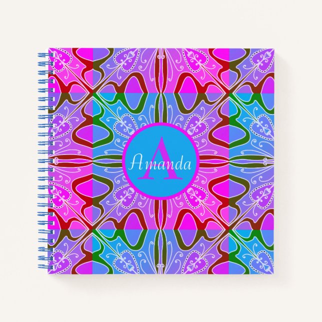 Cuaderno Cute Girly Whimsical Arte Folclórico Rosa Azul Púr (Anverso)