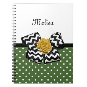 Cuaderno Cute Green Dots Yellow Rose Chevron Bow and Name