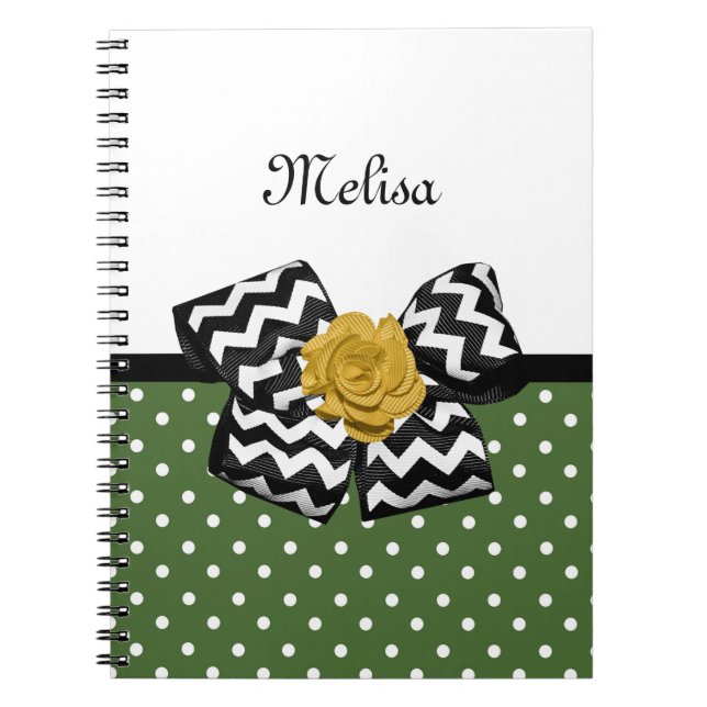 Cuaderno Cute Green Dots Yellow Rose Chevron Bow and Name (Frente)