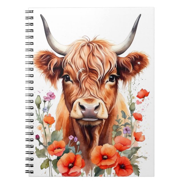 Cuaderno Cute Highland Cow Y Flores De Adormidera (Frente)