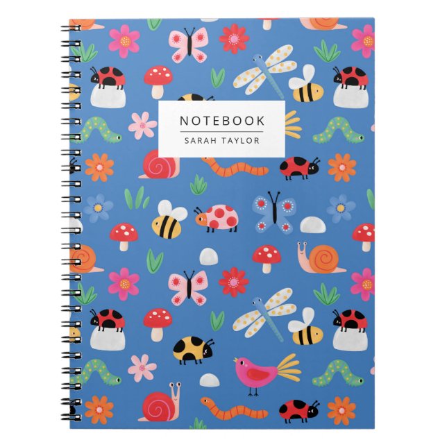 Cuaderno Cute Insects & Nature Pattern in Blue (Frente)