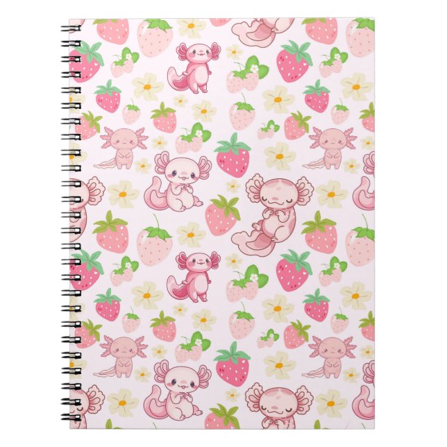 Cuaderno Cute Kawaii Axolotl & Strawberry Seamless Pattern (Frente)