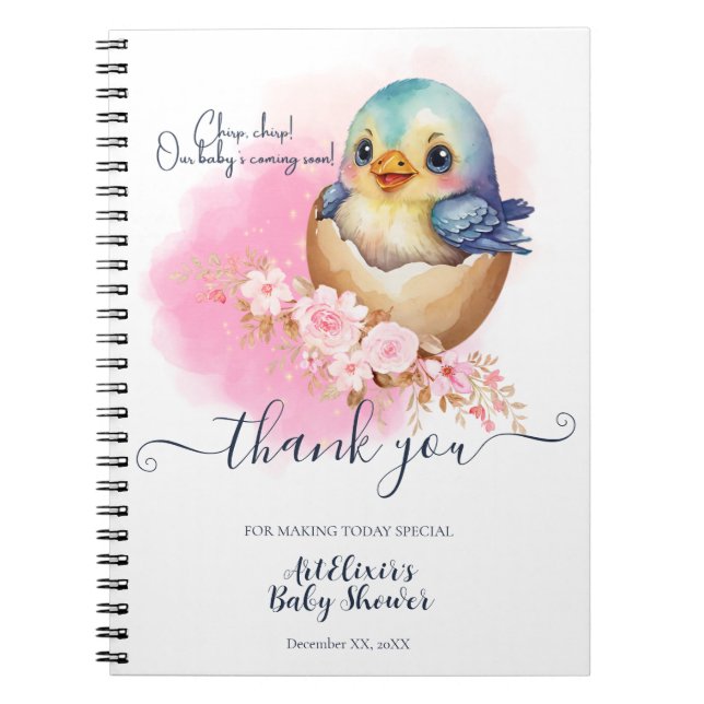 Cuaderno Cute Kawaii Egg Bird Elegant Floral Baby Shower (Frente)