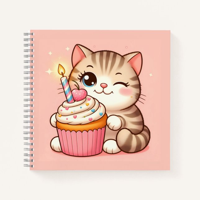 Cuaderno Cute Kawaii gatito con pastel (Anverso)