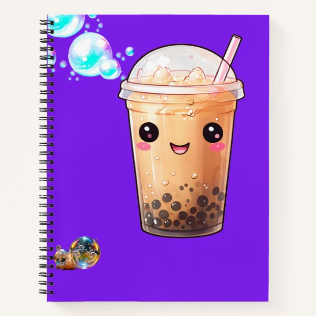 Cuaderno Cute Kawaii Sonriendo té Boba en morado (Anverso)