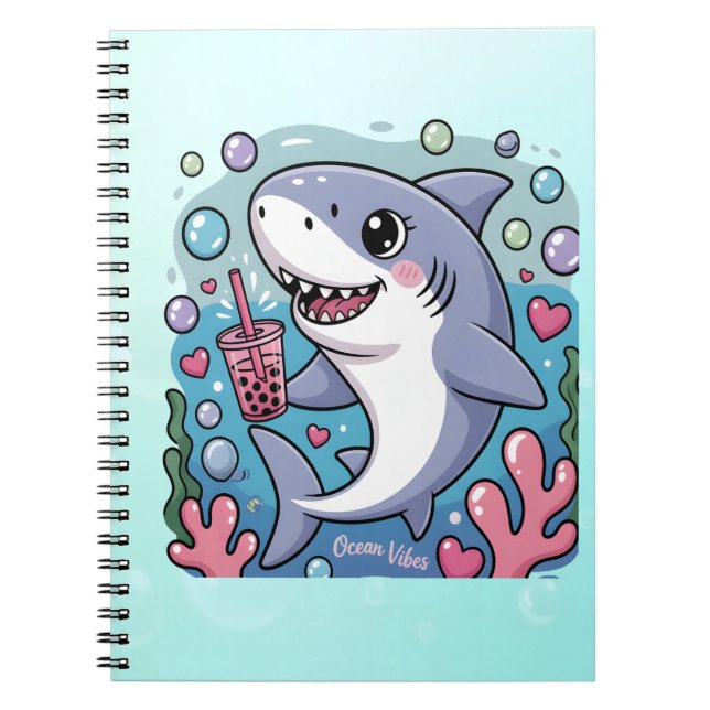 Cuaderno Cute Kawaii Tiburón Boba Tea Azul Y Rosa (Frente)
