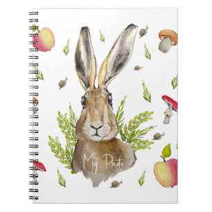 Cuaderno Cute liebre con fondo de manzanas y champiñones