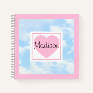 Cuaderno Cute Light Blue Cloudy Sky Pink Heart Custom Name