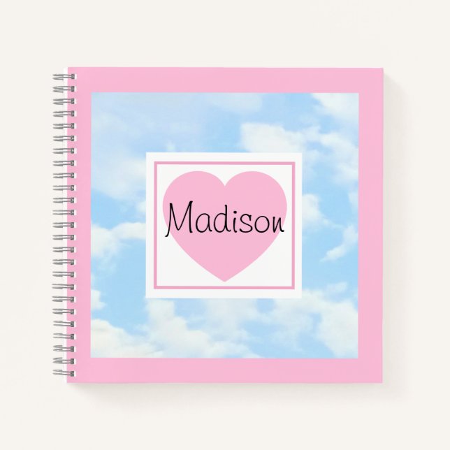 Cuaderno Cute Light Blue Cloudy Sky Pink Heart Custom Name (Anverso)