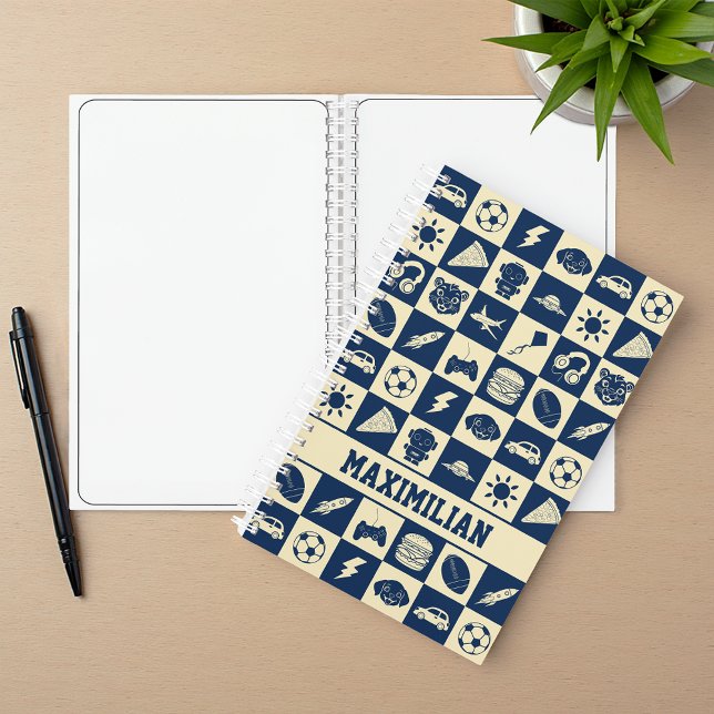 Cuaderno Cute Modern Blue Checkered Icons Pattern Boy's Fun (Subido por el creador)