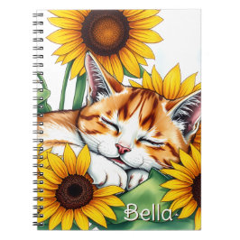 Cuaderno Cute Napping Kitten and Sunflowers Personalized