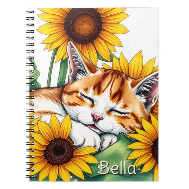 Cuaderno Cute Napping Kitten and Sunflowers Personalized (Frente)