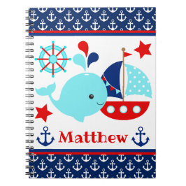 Cuaderno Cute Nautical Blue Whale and Anchors Pattern