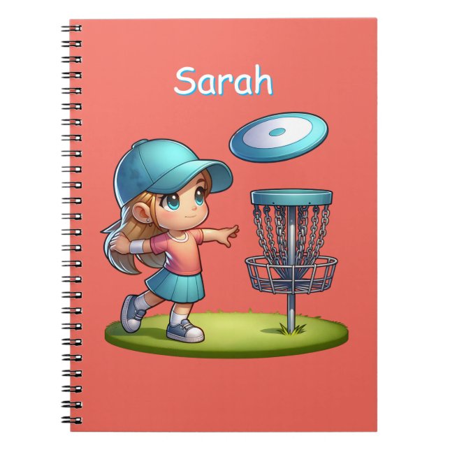 Cuaderno Cute Niña Jugando Disco de Golf Personalizado (Frente)