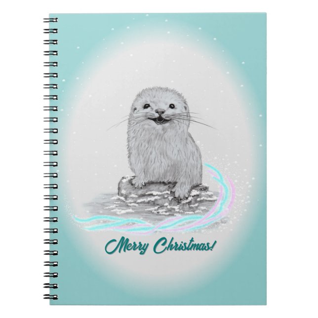 Cuaderno Cute Nutria Blanca de Mar Bebé, Feliz Navidad (Frente)
