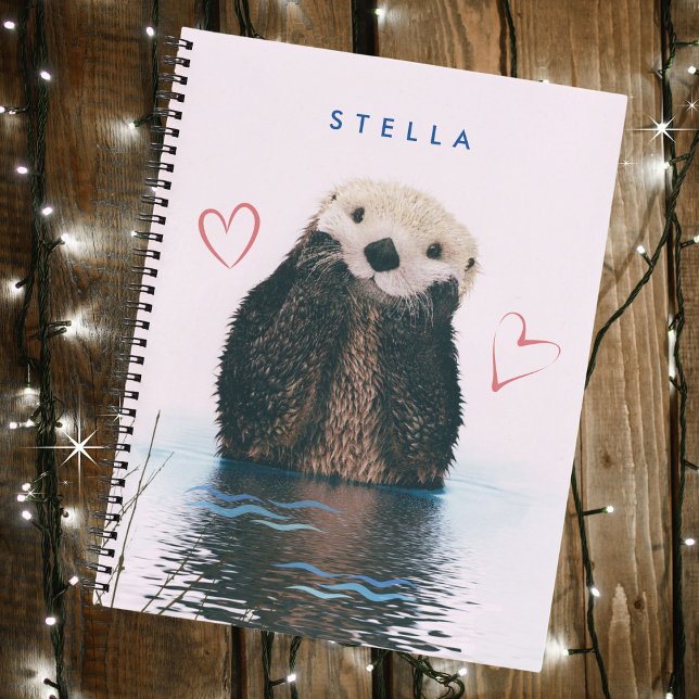 Cuaderno Cute Nutria en Estanque con Fondo Rosa y Corazones (Personalize with a name. Available in many styles and many types of interiors.)