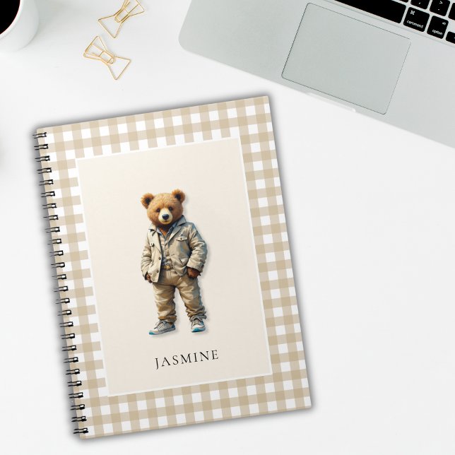 Cuaderno Cute oso de peluche personalizado (cute personalized teddy notepad with a neutral beige plaid background)
