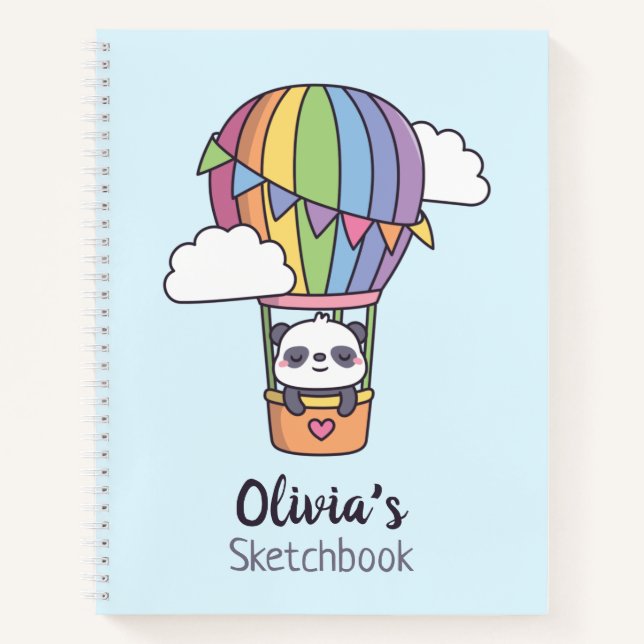 Cuaderno Cute Panda en Globo Aerostático de Arcoíris Cuader (Anverso)