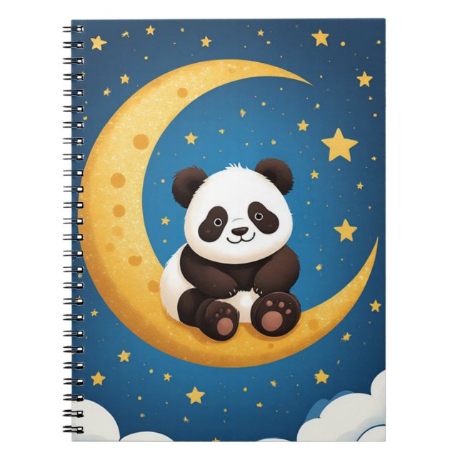 Cuaderno Cute Panda Sentado en una Luna Creciente Dorada (Frente)