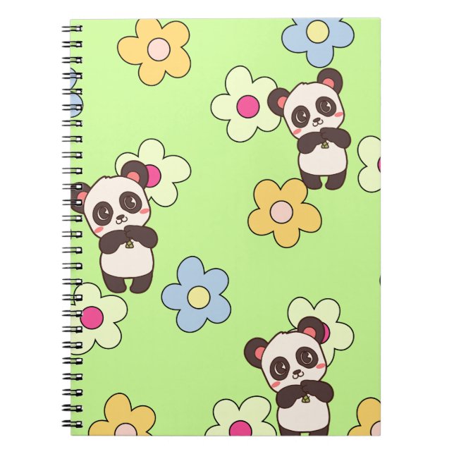 Cuaderno Cute Panda y Patrón Kawaii de Flores (Frente)