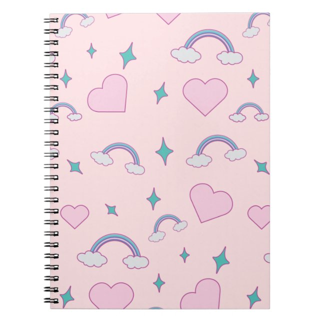 Cuaderno Cute Pastel Hearts & Rainbow Pattern | Kawaii Pink (Frente)