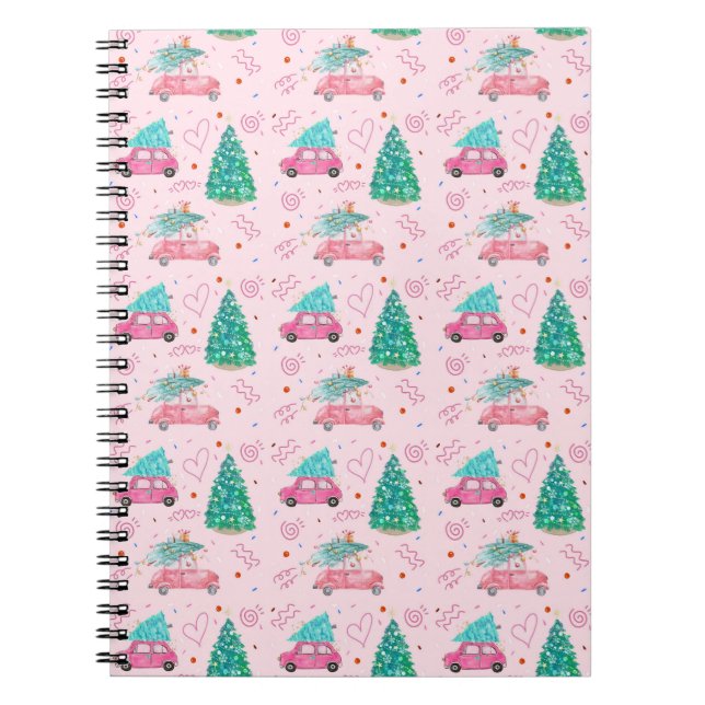 Cuaderno Cute Pink Christmas Car Tree Seamless Pattern (Frente)
